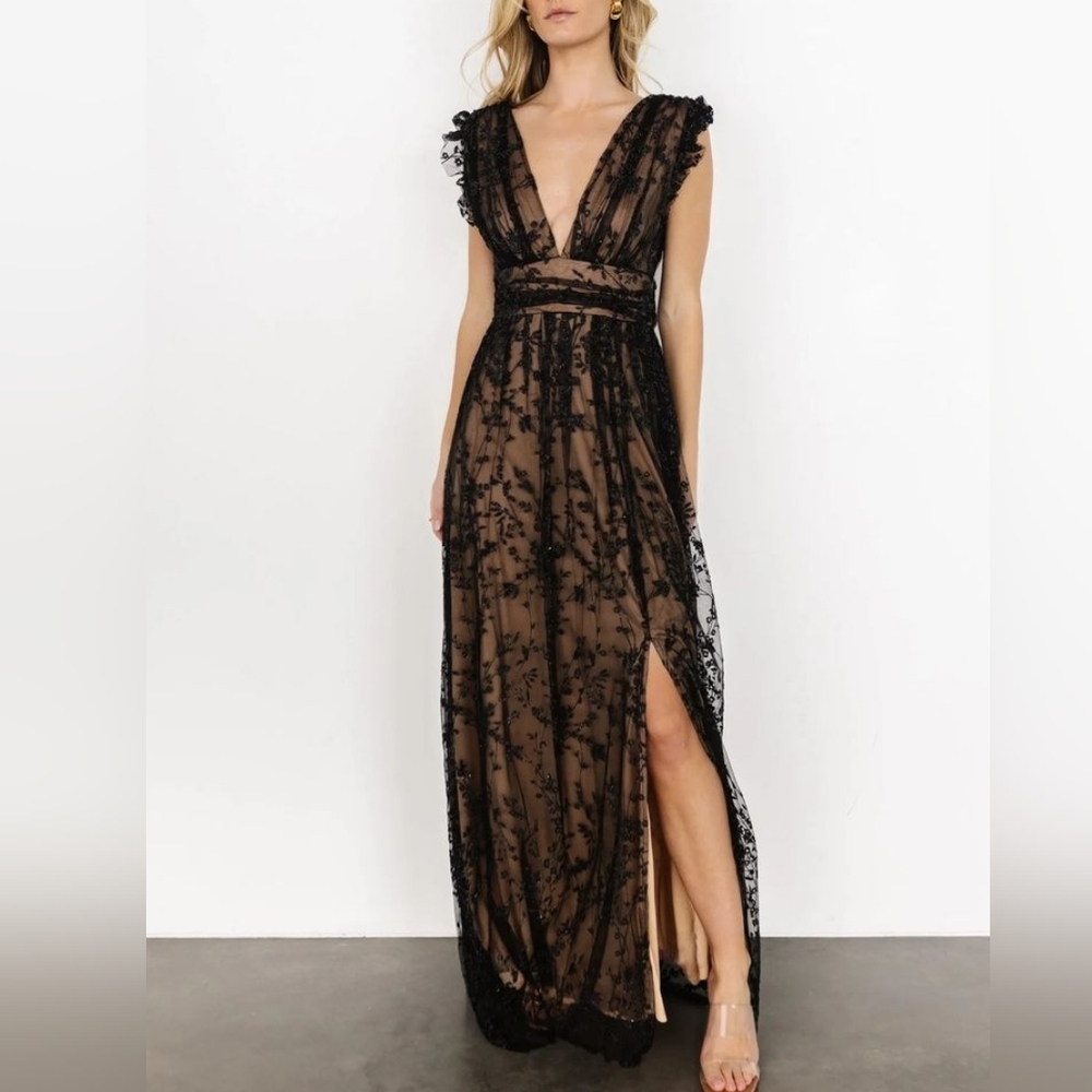 Baltic Born Soieblu Arlene Shimmer Gown Black Maxi Formal Large Mesh Floral